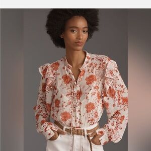 NWT Anthropologie Maeve Long-Sleeve Ruffled Sheer Blouse Peach Floral - Size XS